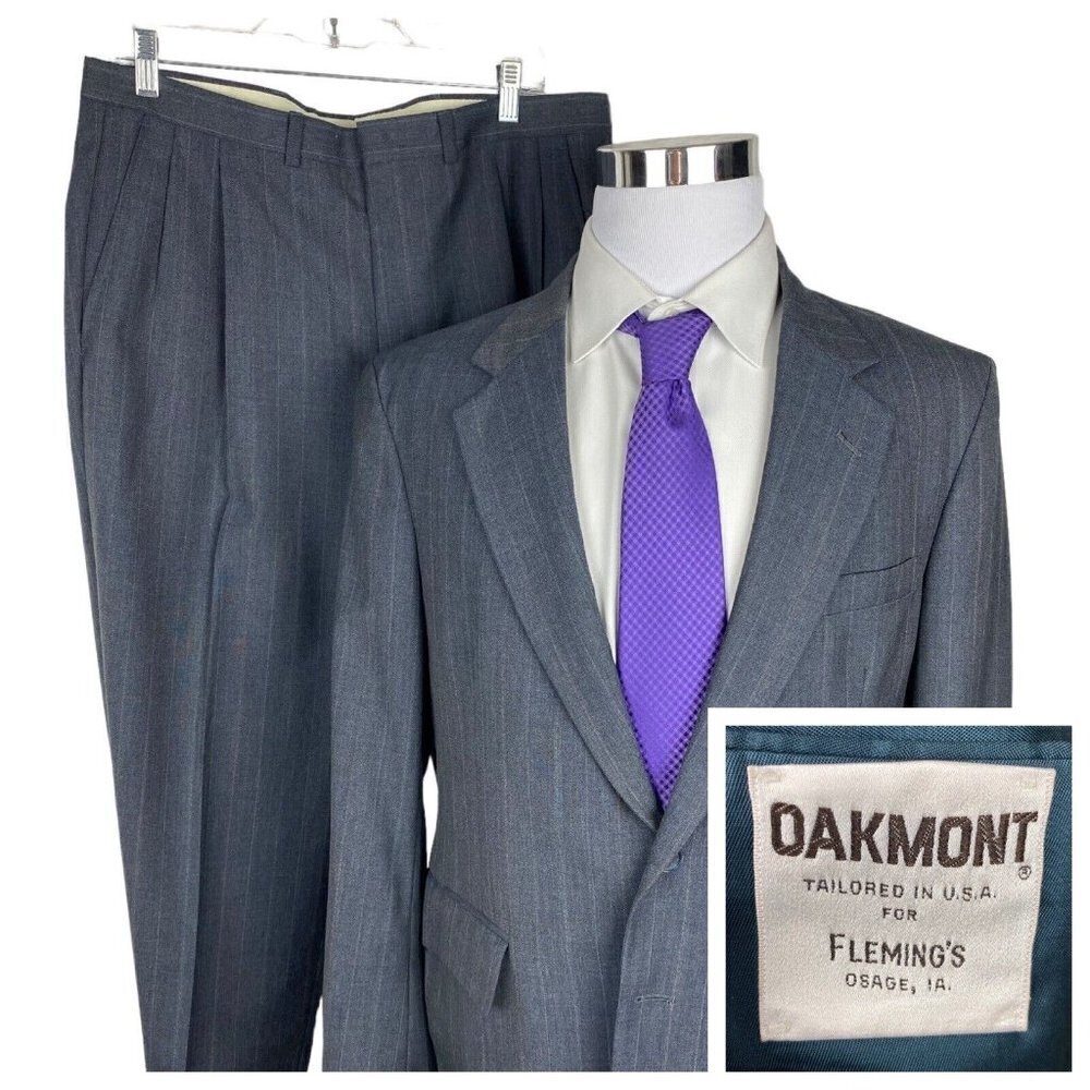 Vintage Oakmont 2 Piece Suit 41R/35W Blue Pinstripe 2 Button Jacket Pleated Pant